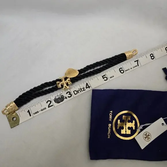 NEW Tory Burch Shell Logo Rope Bracelet Black 18K Gold Plated Bold Summer Beach - Picture 6 of 6
